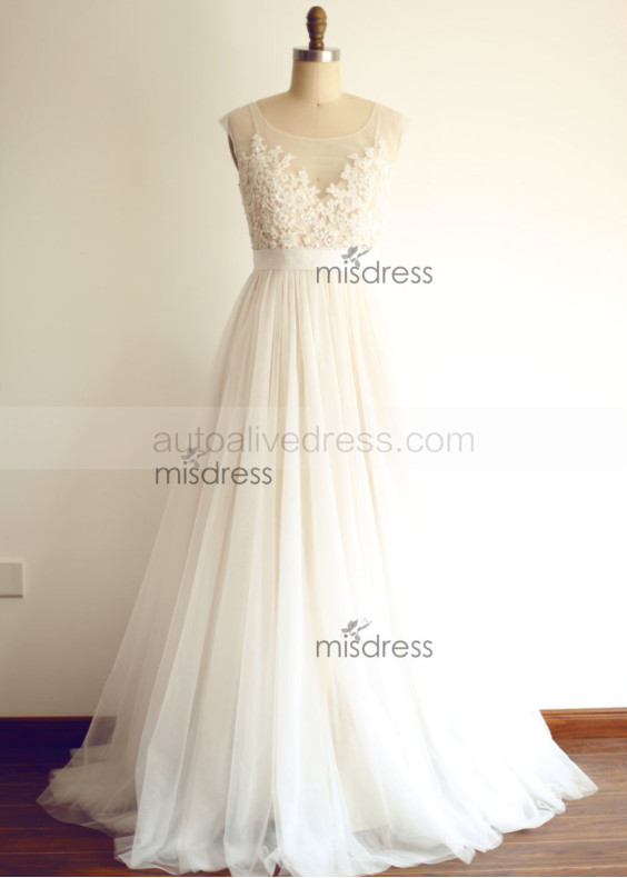 Sheer Illusion Tulle Lace Beaded Wedding Dress With Champagne Lining
