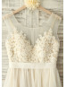 Sheer Illusion Tulle Lace Beaded Wedding Dress With Champagne Lining