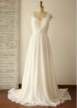 Ivory Beaded 3D Flowers Ruched Chiffon Sweet Wedding Dress