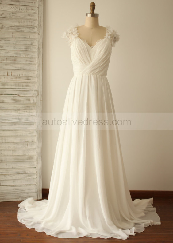 Ivory Beaded 3D Flowers Ruched Chiffon Sweet Wedding Dress