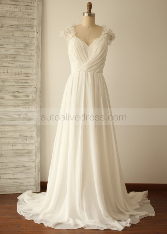 Ivory Beaded 3D Flowers Ruched Chiffon Sweet Wedding Dress Ivory Beaded 3D Flowers Ruched Chiffon Sweet Wedding Dress