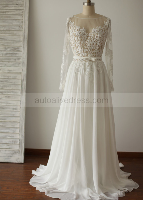 Long Sleeves Boho Beach Lace Chiffon Transparent Wedding Dress