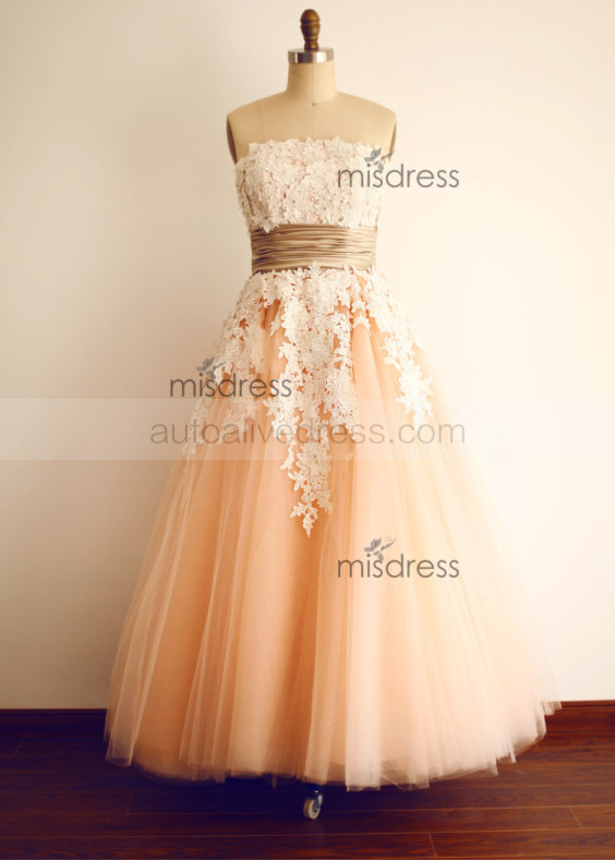 Strapless Ivory Lace Champagne Tulle Ankle Length Wedding Dress
