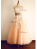 Strapless Ivory Lace Champagne Tulle Ankle Length Wedding Dress
