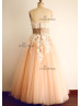 Strapless Champagne Tulle Lace Pearl Ankle Length Wedding Dress