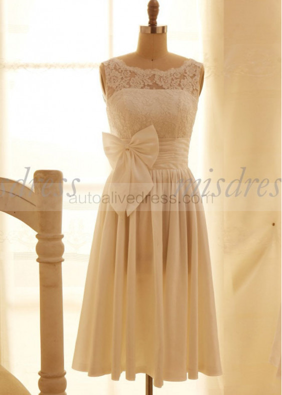 Ivory Lace Taffeta Tea Length Wedding Dress