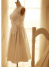 Ivory Lace Taffeta Tea Length Wedding Dress