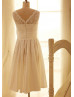Ivory Lace Taffeta Tea Length Wedding Dress