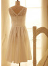 Ivory Lace Taffeta Tea Length Bridesmaid Dress