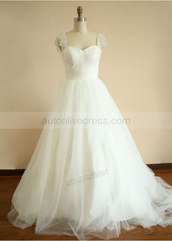 Cap Sleeves Ivory Tulle Pleated Shimmering Wedding Dress