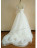 Cap Sleeves Ivory Tulle Pleated Shimmering Wedding Dress