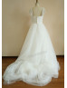Ivory Tulle Pearl Beaded Cap Sleeves Wedding Dress