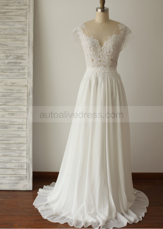 Ivory Lace Chiffon Deep V Back Sheer Wedding Dress