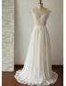 Ivory Lace Chiffon Deep V Back Sheer Wedding Dress