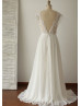 Ivory Lace Chiffon Deep V Back Sheer Wedding Dress