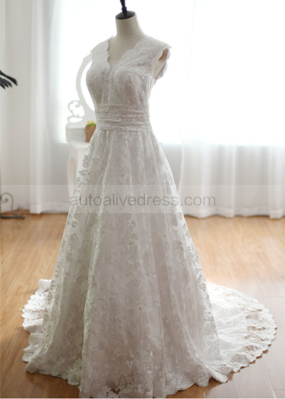 V Neck Vintage Inspired Ivory Lace Wedding Dress