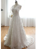 V Neckline Lace Buttons Decorated Back Long Wedding Dress