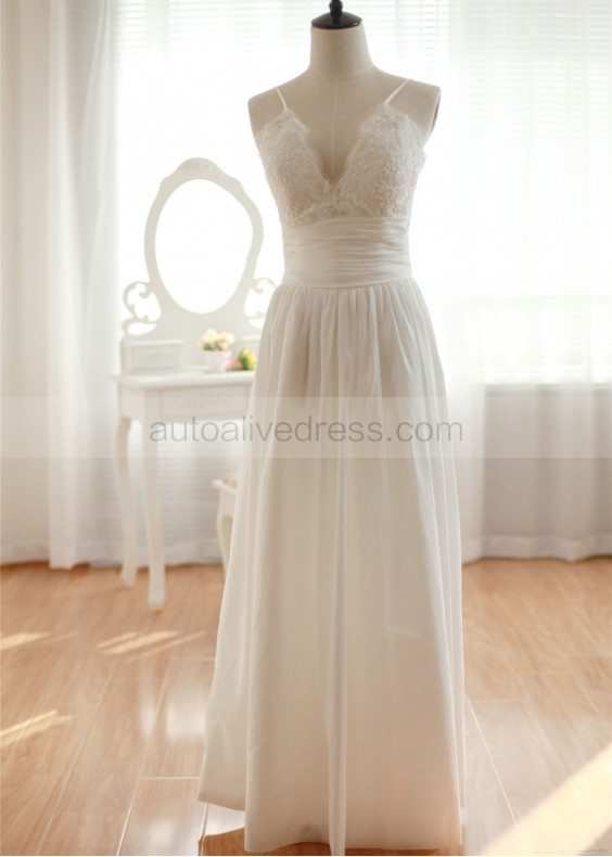Spaghetti Straps Ivory Lace Taffeta Glitter Wedding Dress