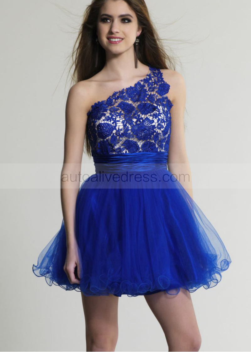 Royal Blue Tulle Lace One Shoulder Knee Length Prom Dress Royal Blue Tulle Lace One Shoulder Knee Length Prom Dress