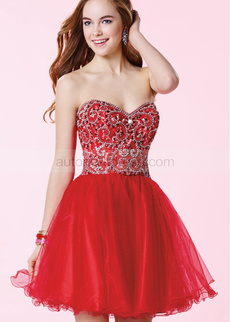 Mini Sweetheart Neckline Red Tulle Beaded Knee Length Prom Dress