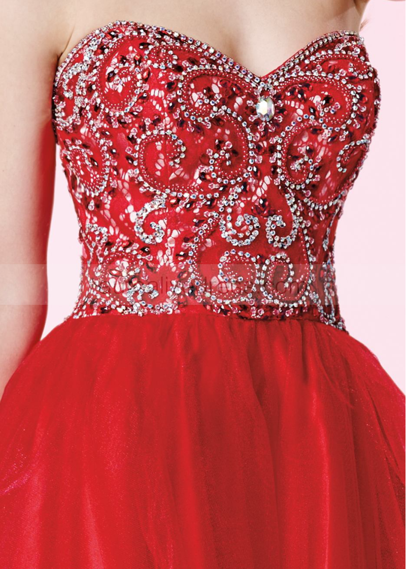 Mini Sweetheart Neckline Red Tulle Beaded Knee Length Prom Dress