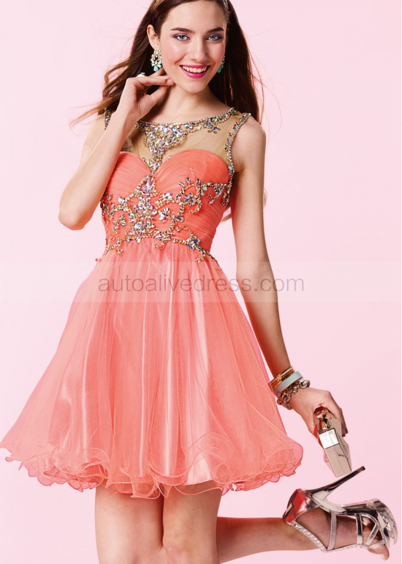 Coral Tulle Beaded V Sexy Back Knee Length Prom Dress Coral Tulle Beaded V Sexy Back Knee Length Prom Dress