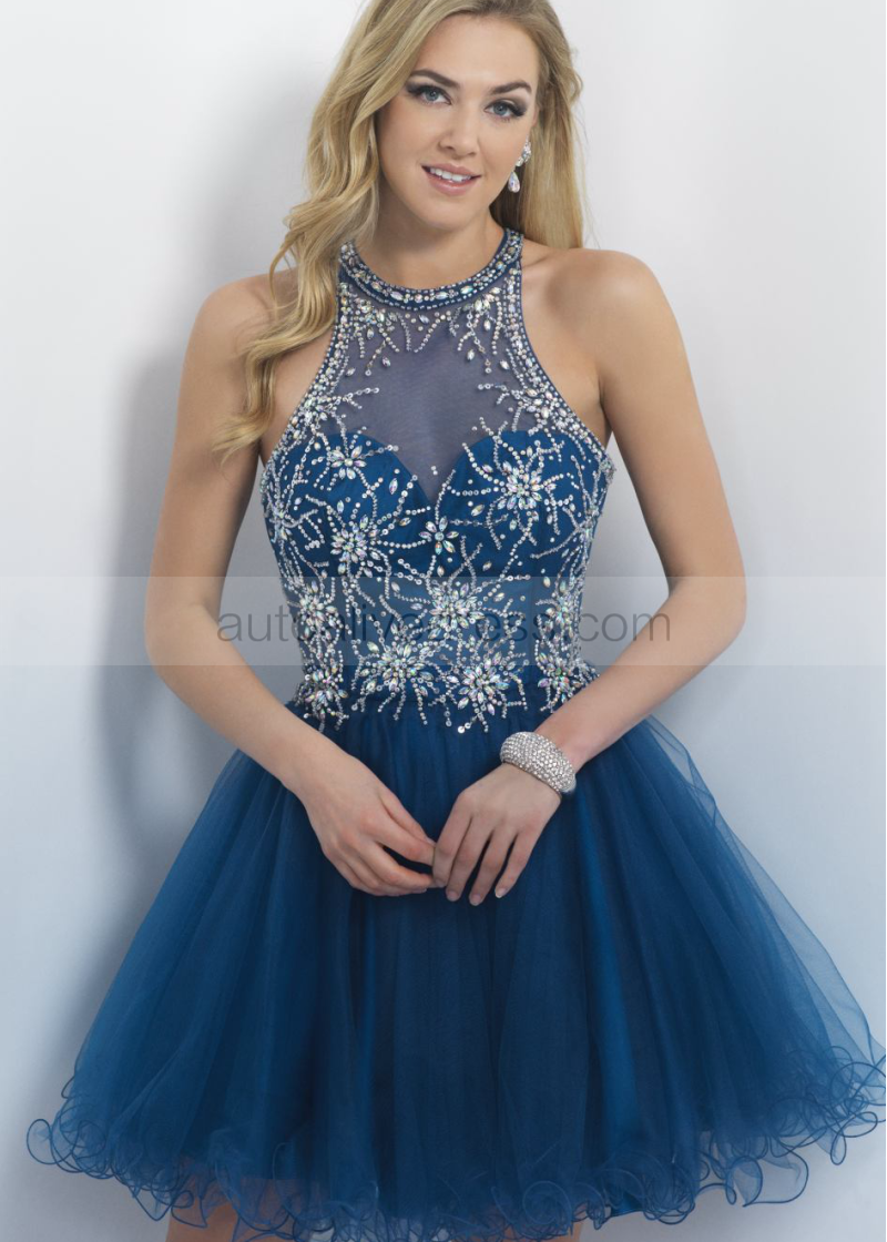 Tutu Beaded Neckline Navy Blue Tulle Knee Length Prom Dress Tutu Beaded Neckline Navy Blue Tulle Knee Length Prom Dress