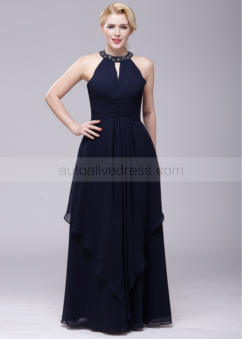 A-line Beaded Halter Neck Navy Blue Chiffon Long Bridesmaid Dress