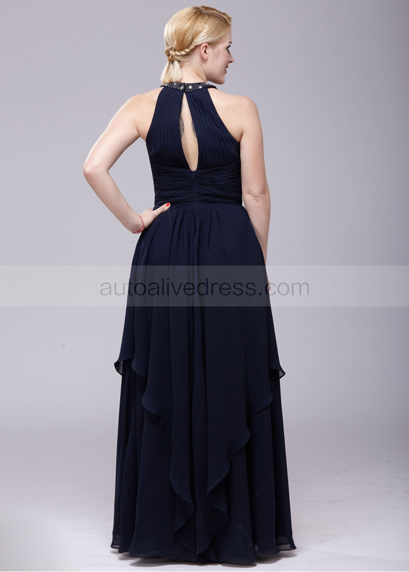 A-line Beaded Halter Neck Navy Blue Chiffon Long Bridesmaid Dress
