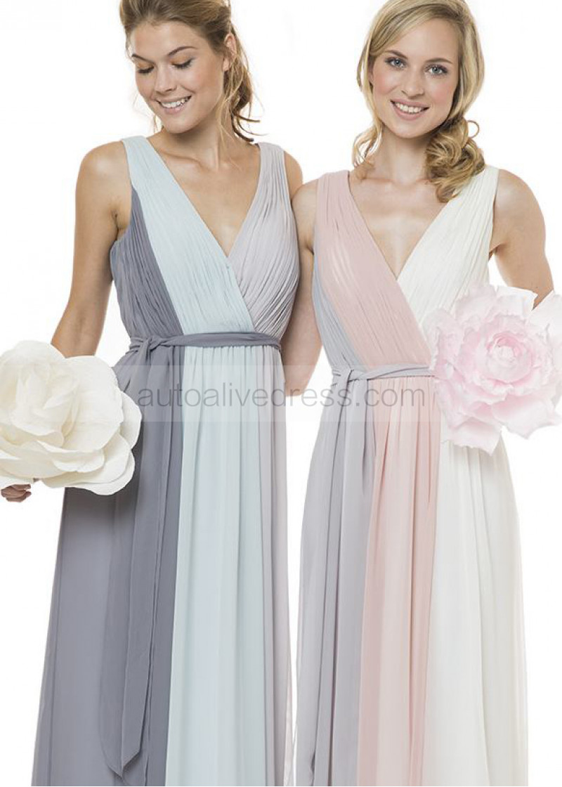 A-line V Neck Three-tone Chiffon Long Bridesmaid Dress
