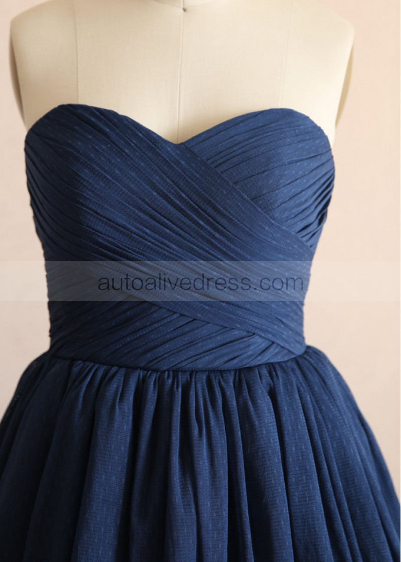 blue polka dot bridesmaid dress Short Blue Polka Dot Tea Length Short Vintage Wedding Dress with 3/4 Sleeves