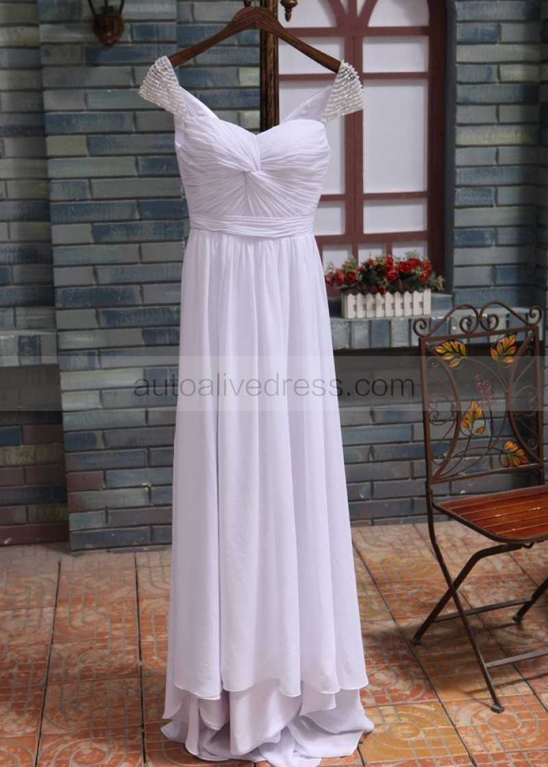 strapless open back dress Roman style V-neck pleated shoulder chiffon waist white wedding dress –  PreppyDress main image 0
