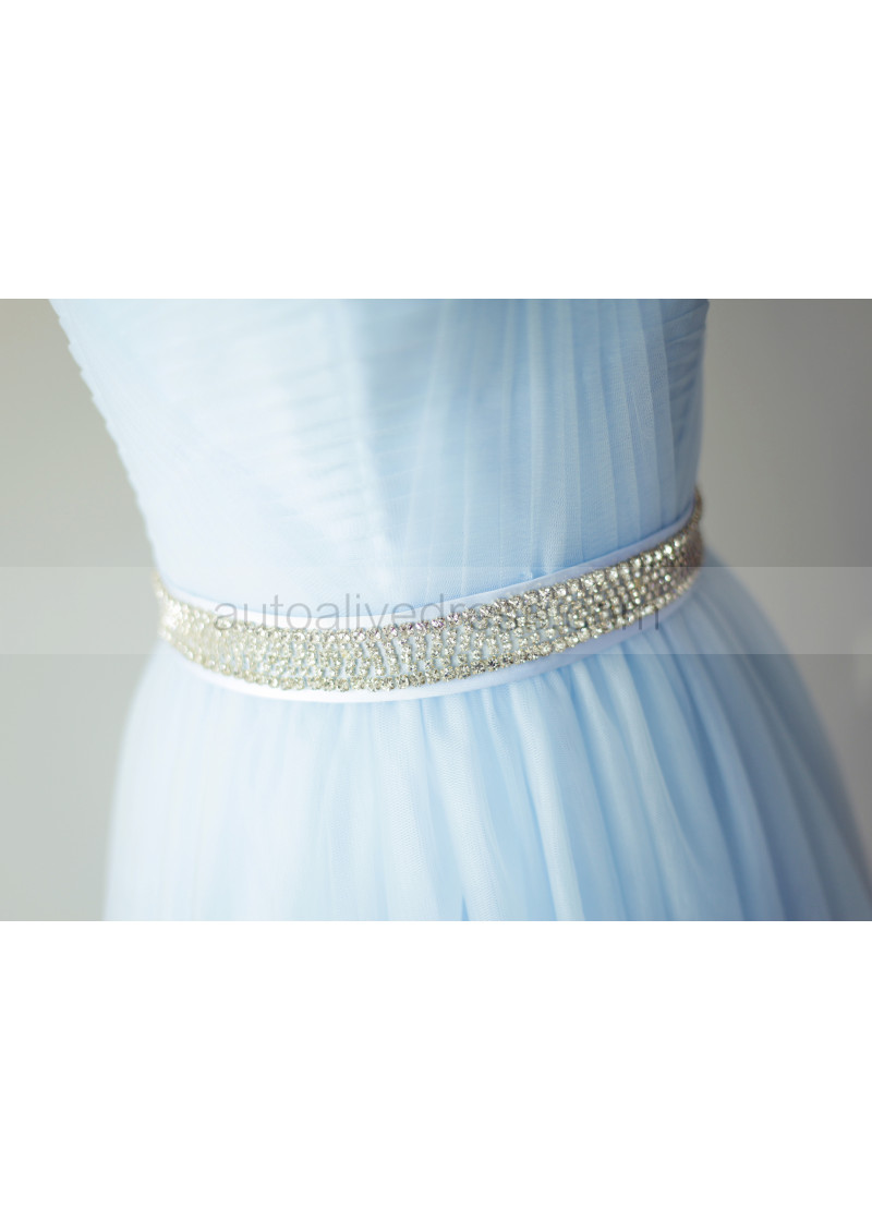 A-line Strapless Sky Blue Pleated Tulle Long Prom Dress With Beaded Belt