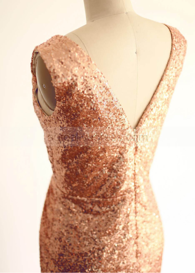 Sheath Rose Gold Ruched Sequin V Back Bridesmaid Dress Sheath Rose Gold Ruched Sequin V Back Bridesmaid Dress