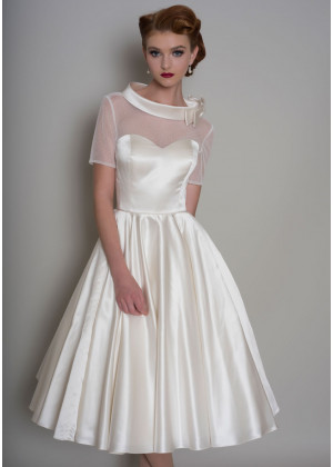 Roll Bateau Collar Ivory Spotted Tulle Satin Tea Length Wedding Dress