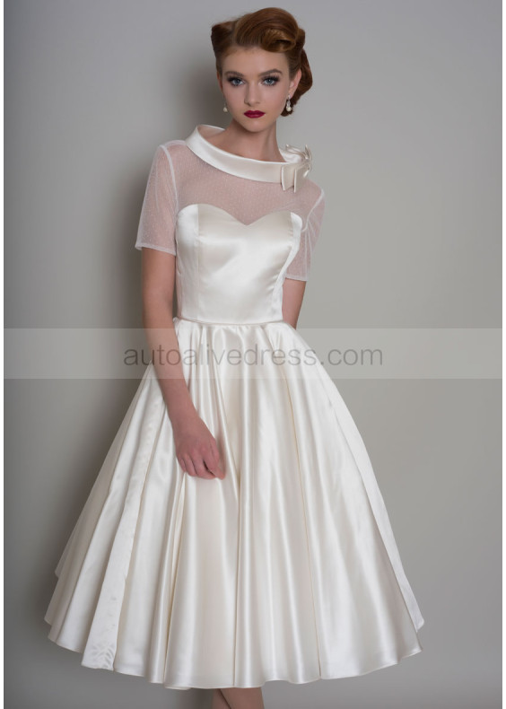 Roll Bateau Collar Ivory Spotted Tulle Satin Tea Length Wedding Dress