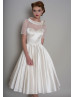 Roll Bateau Collar Ivory Spotted Tulle Satin Tea Length Wedding Dress