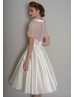 Roll Bateau Collar Ivory Spotted Tulle Satin Tea Length Wedding Dress