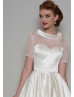 Roll Bateau Collar Ivory Spotted Tulle Satin Tea Length Wedding Dress
