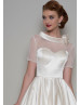 Roll Bateau Collar Ivory Spotted Tulle Satin Tea Length Prom Dress