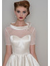 Roll Bateau Collar Ivory Spotted Tulle Satin Tea Length Wedding Dress