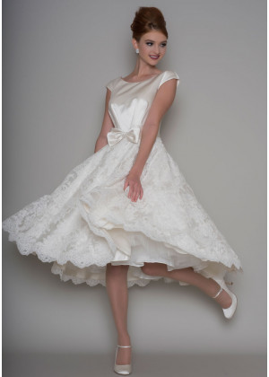 Cap Sleeves Ivory Satin Lace Tea Length Elegant Wedding Dress