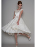 Cap Sleeves Ivory Satin Lace Tea Length Elegant Wedding Dress