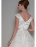 Cap Sleeve Ivory Satin Lace Tea Length V Back Prom Dress