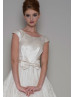 Cap Sleeve Ivory Satin Lace Tea Length V Back Prom Dress