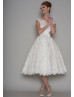 Cap Sleeves Ivory Satin Lace Tea Length Elegant Wedding Dress Cap Sleeves Ivory Satin Lace Tea Length Elegant Wedding Dress