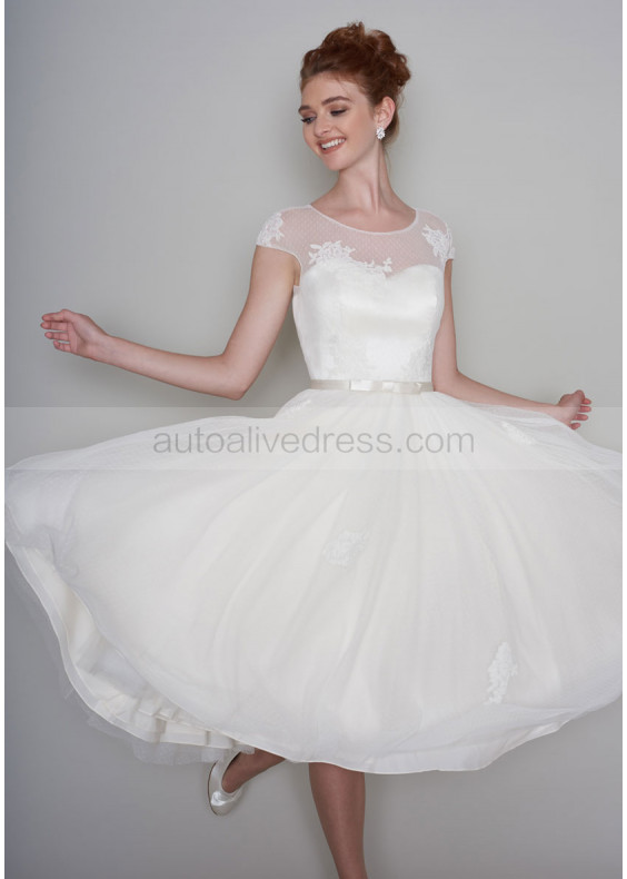 Ivory Lace Swiss Dot Tulle Full Skirt Tea Length Wedding Dress