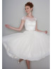 Ivory Lace Swiss Dot Tulle Full Skirt Tea Length Wedding Dress