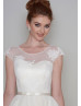 Cap Sleeve Ivory Lace Dots Tulle Tea Length Buttons Back Prom Dress
