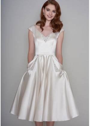 V Neck Beaded Ivory Satin Tea Length Wedding Dress With Pockets